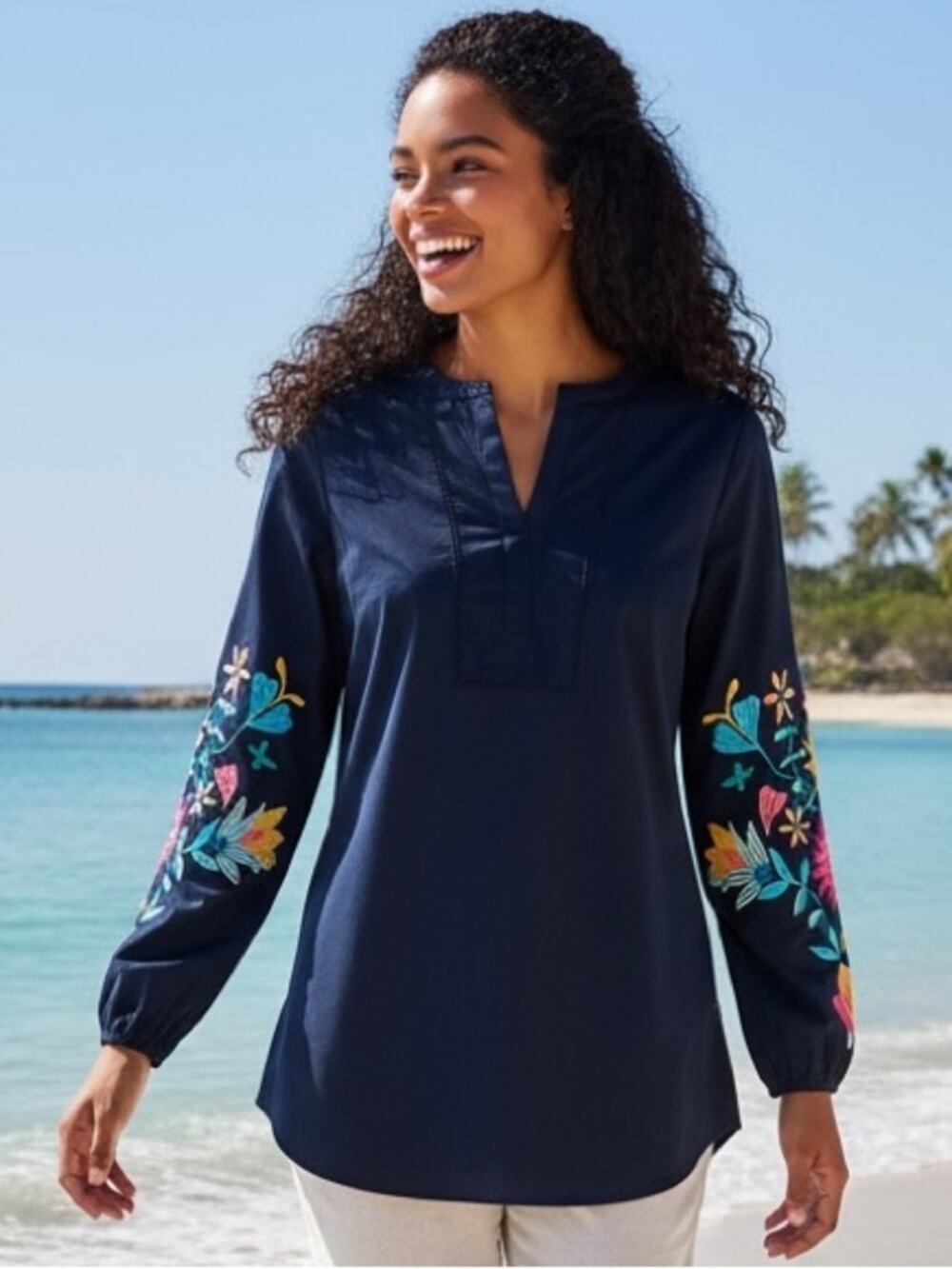 Talbots NWOT Embroidered Sleeve Poplin Top in navy 100% Cotton LP large petite
